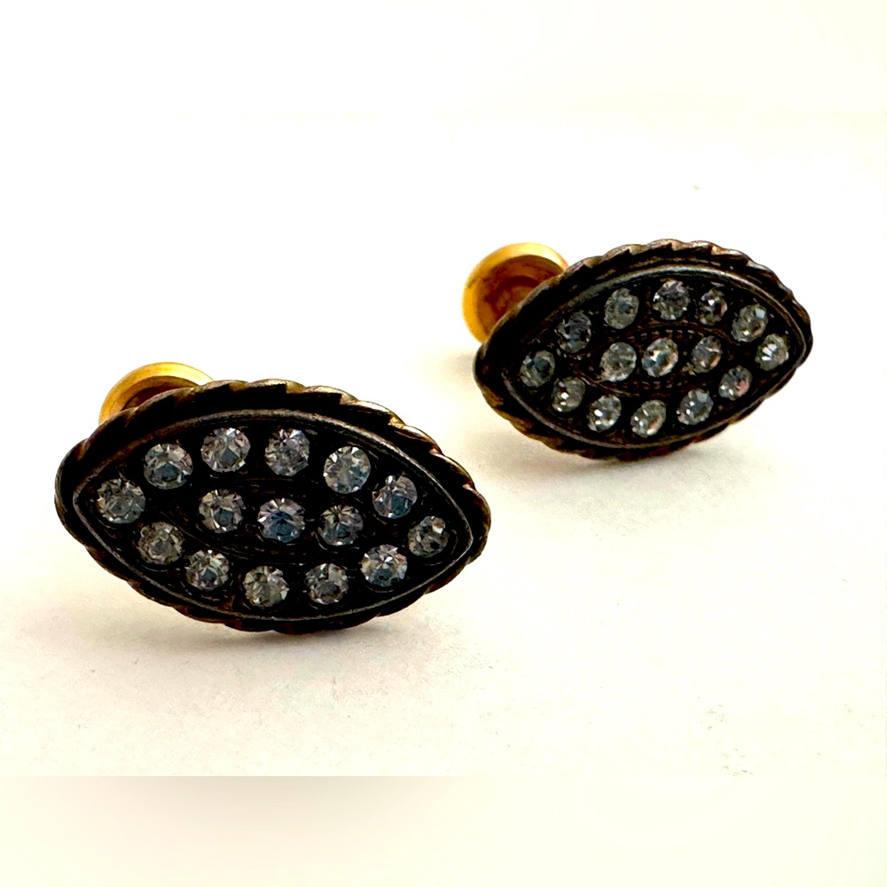 Vintage Gold Filled Crystal Screw Back Earrings Oval Rope Border Silver Rare